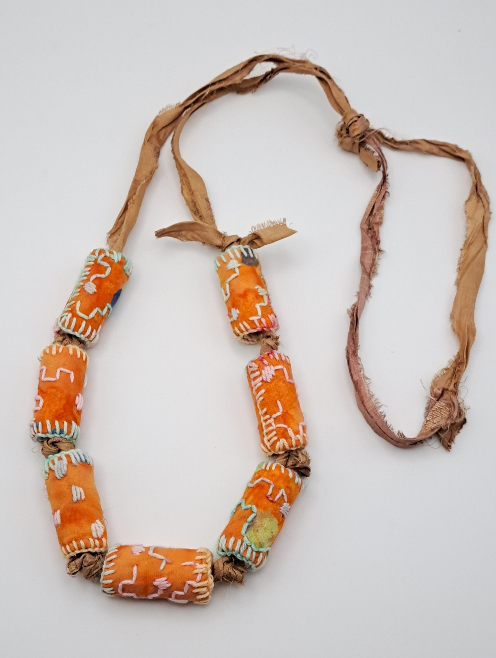 Handcrafted Textile Orange Bead Necklace Embroided Fabric - Women Accessories